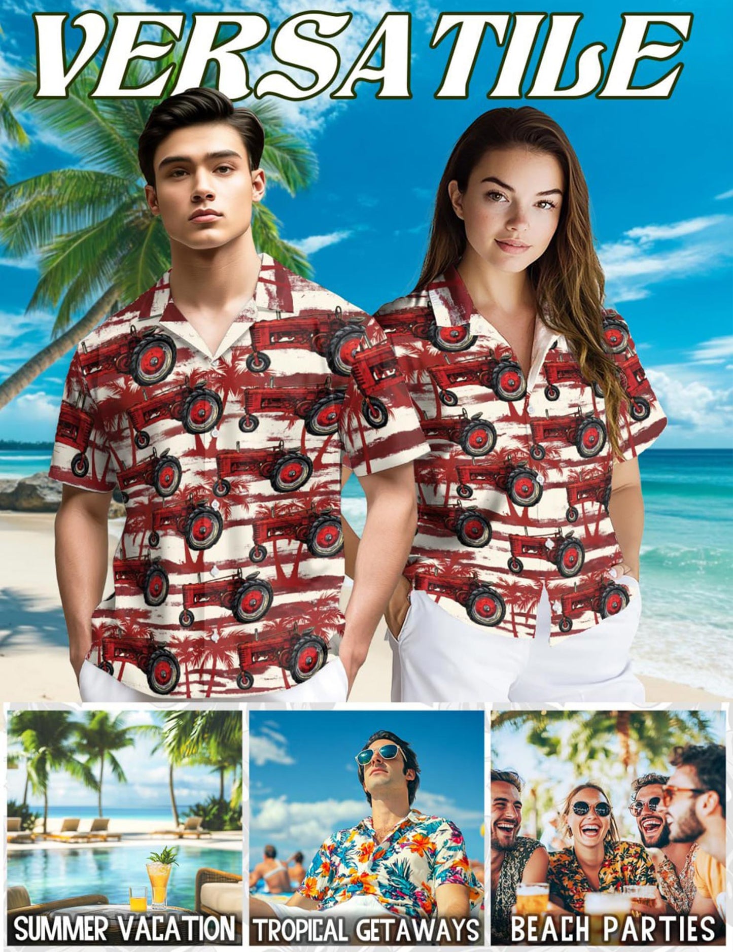 Netecom Red Tractor Hawaiian Shirt for Men, Tropical Style, Button Down Summer Beach Short Sleeve, S-5XL
