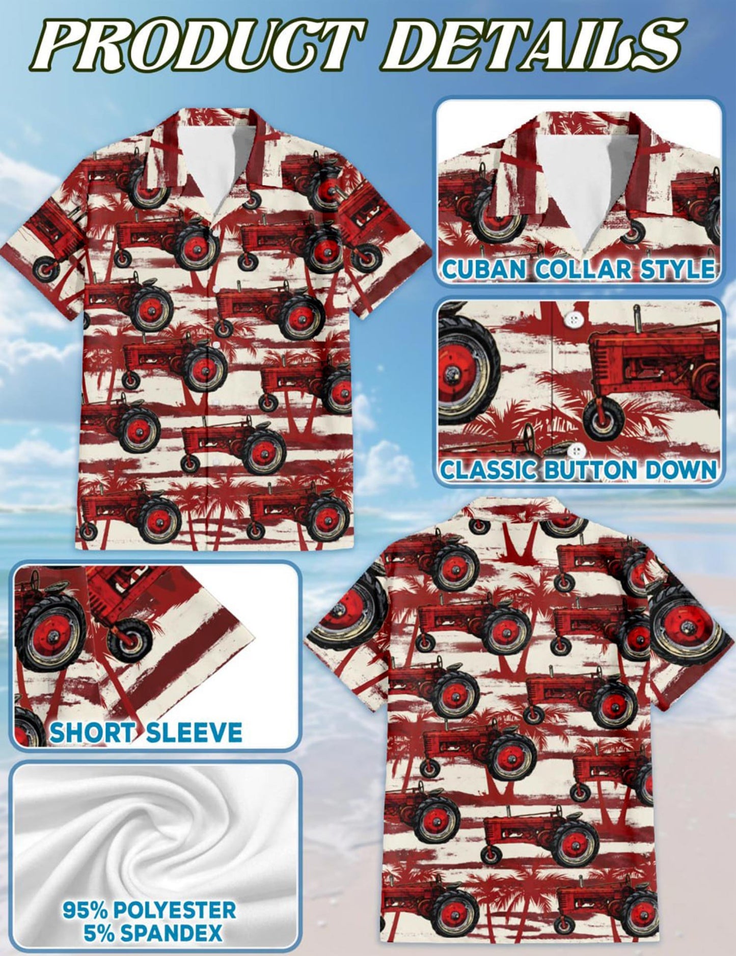 Netecom Red Tractor Hawaiian Shirt for Men, Tropical Style, Button Down Summer Beach Short Sleeve, S-5XL
