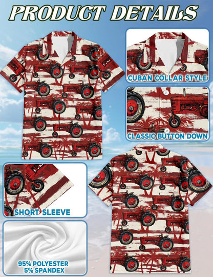 Netecom Red Tractor Hawaiian Shirt for Men, Tropical Style, Button Down Summer Beach Short Sleeve, S-5XL