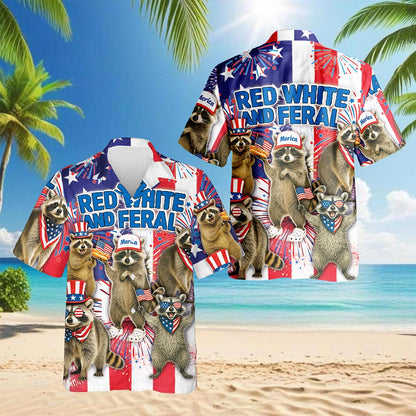 Netecom Red White and Feral Raccoon Hawaiian Shirt, American Flag Patriotic 4th Of July Button Down Shirts, S-5XL