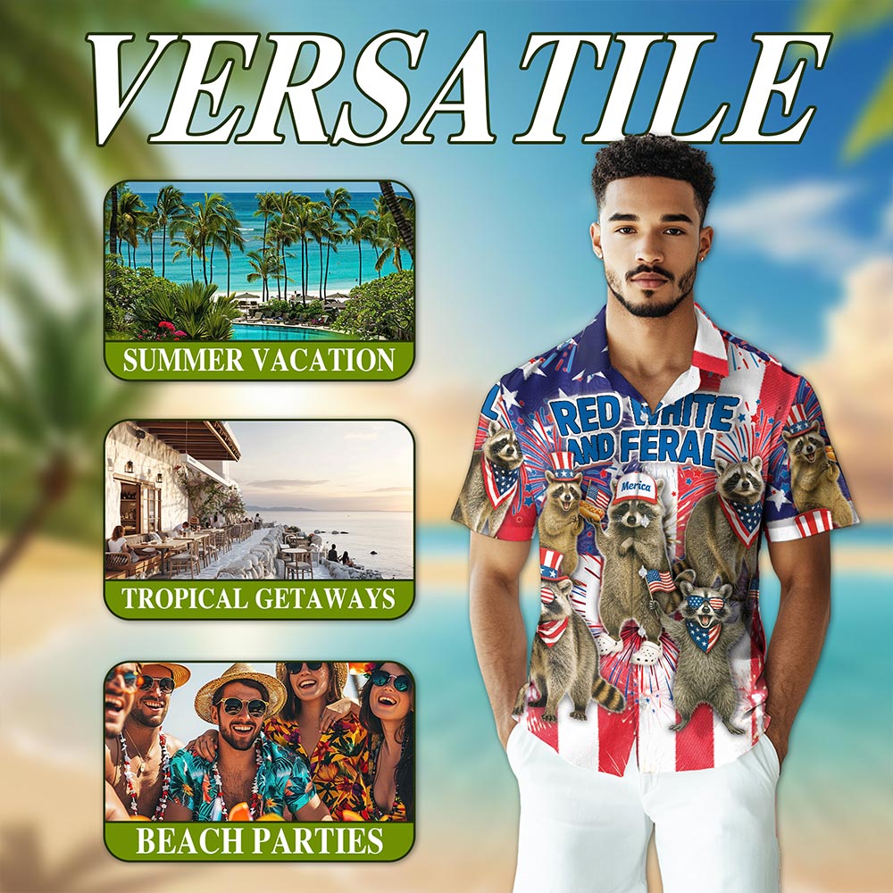 Netecom Red White and Feral Raccoon Hawaiian Shirt, American Flag Patriotic 4th Of July Button Down Shirts, S-5XL