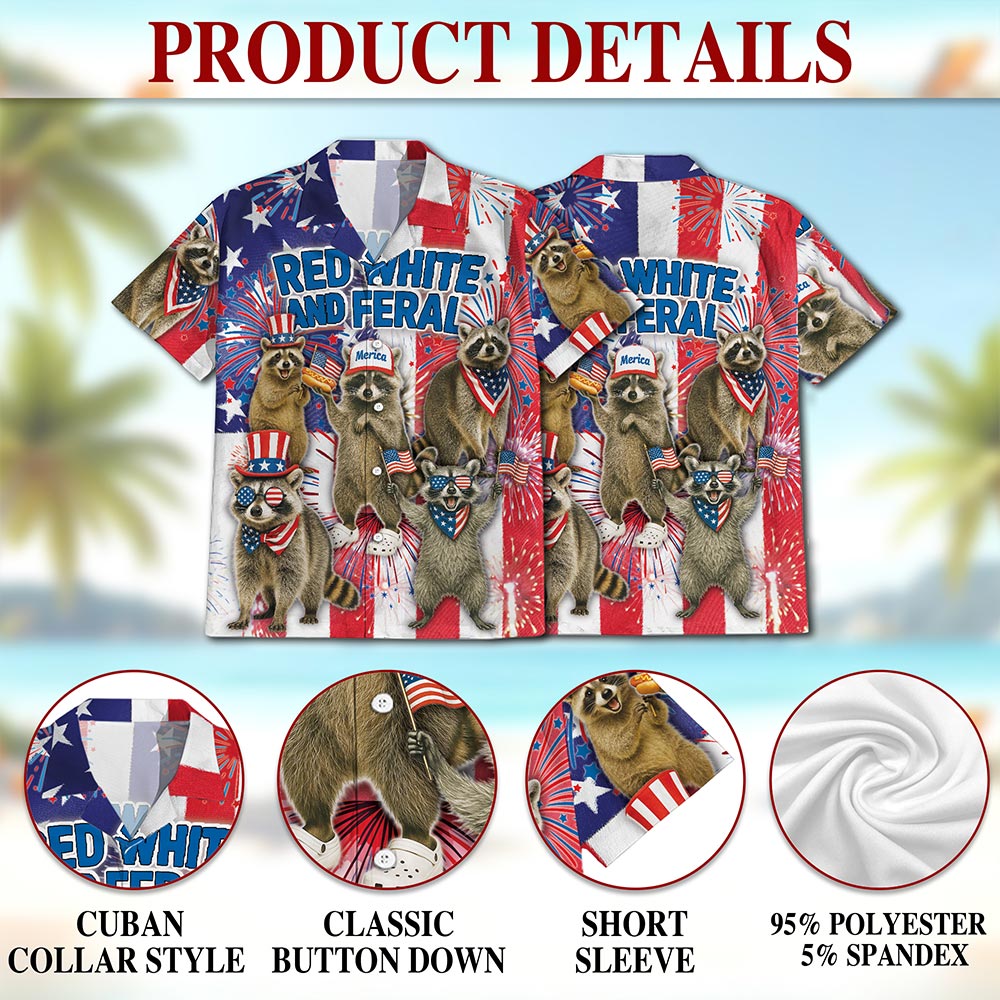 Netecom Red White and Feral Raccoon Hawaiian Shirt, American Flag Patriotic 4th Of July Button Down Shirts, S-5XL
