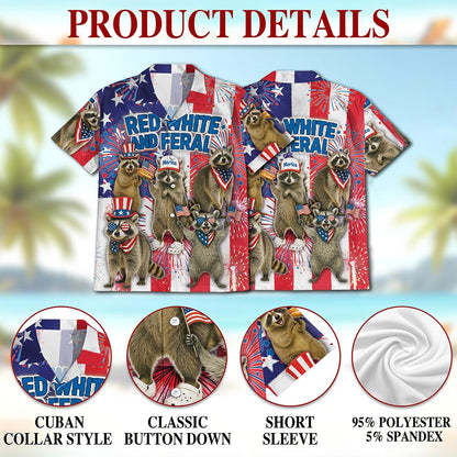 Netecom Red White and Feral Raccoon Hawaiian Shirt, American Flag Patriotic 4th Of July Button Down Shirts, S-5XL