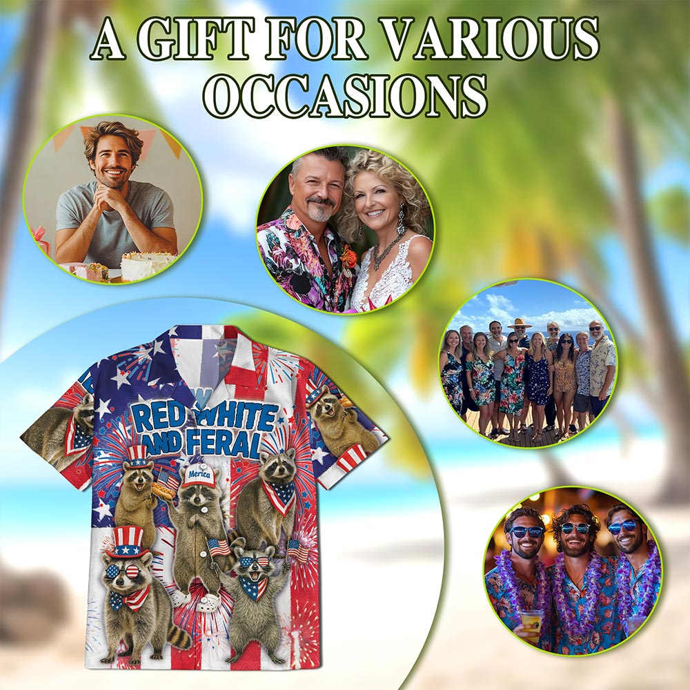 Netecom Red White and Feral Raccoon Hawaiian Shirt, American Flag Patriotic 4th Of July Button Down Shirts, S-5XL