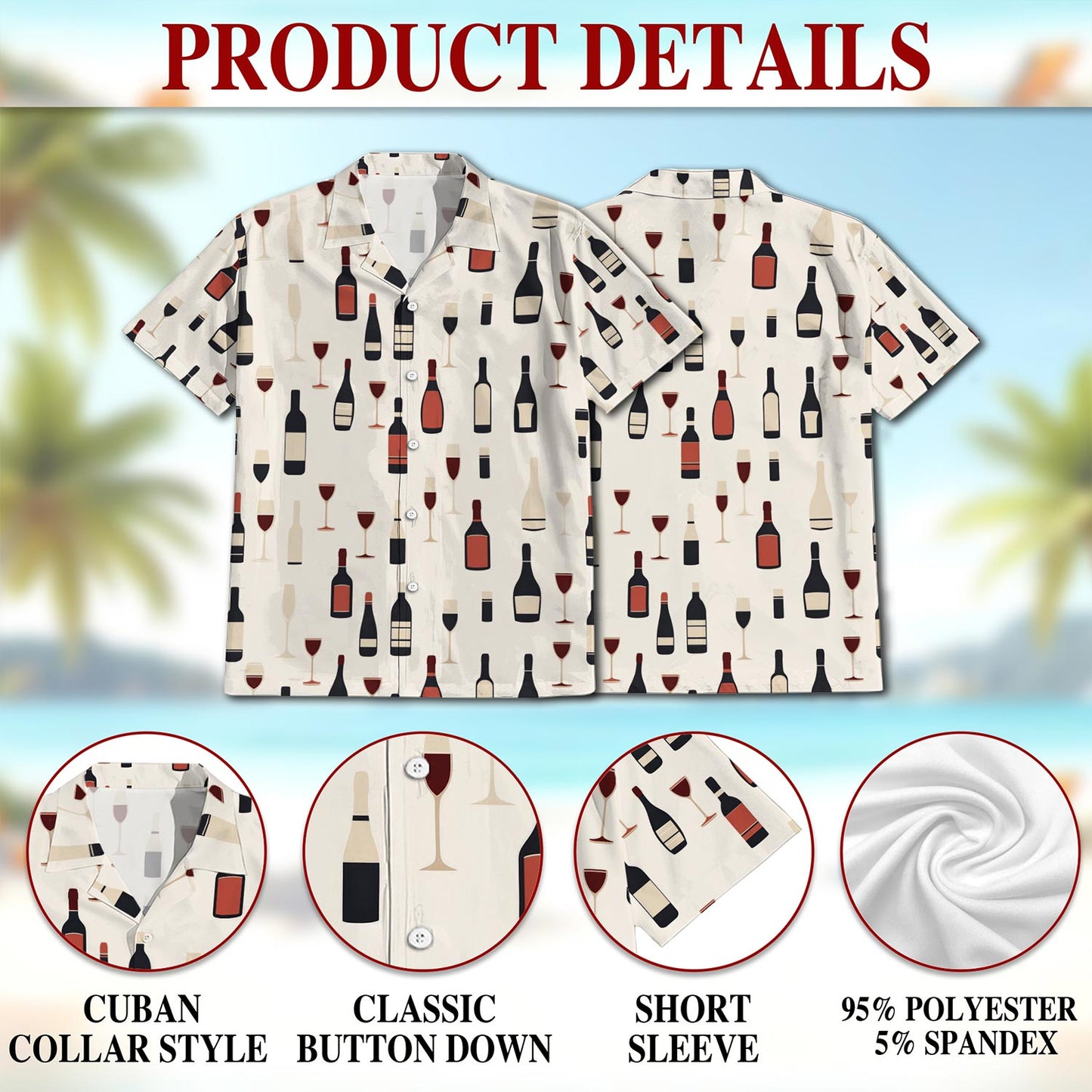 Netecom Red Wine Bottle And Glass Hawaiian Shirt for Men, Wine Drinker Lover Button Down Summer Beach Short Sleeve, S-5XL