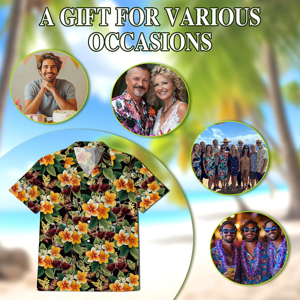 Netecom Red Wine Hawaiian Shirt for Men, Tropical Style, Button Down Summer Beach Short Sleeve, S-5XL