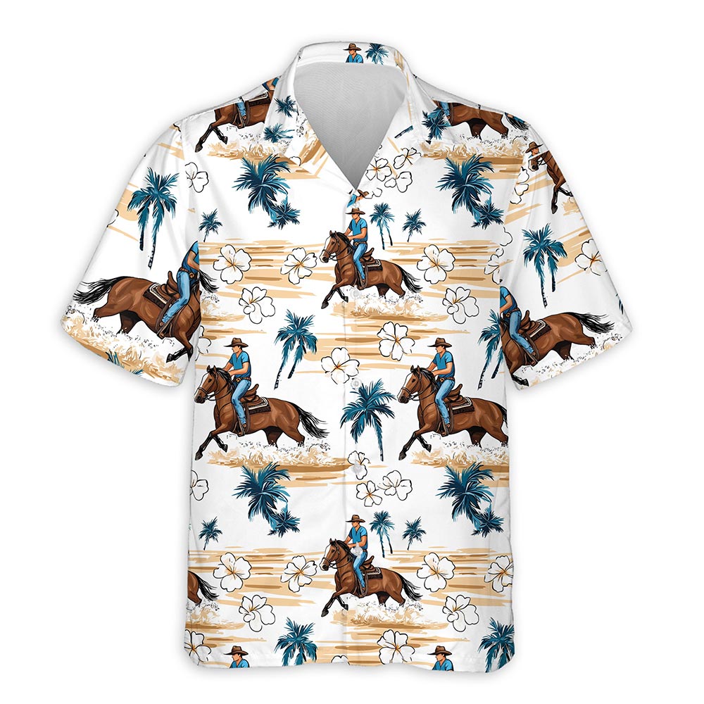 Netecom Reining Horse Floral Yellow Sand Hawaiian Aloha Shirt for Men