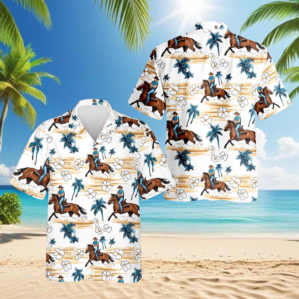 Netecom Reining Horse Floral Yellow Sand Hawaiian Aloha Shirt for Men, Button Down Summer Beach Short Sleeve, S-5XL