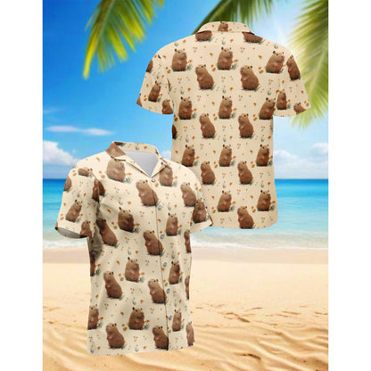 Netecom Retro Capybara Hawaiian Shirt for Men, Button Down Summer Beach Short Sleeve, Vintage Style, Sizes S-5XL