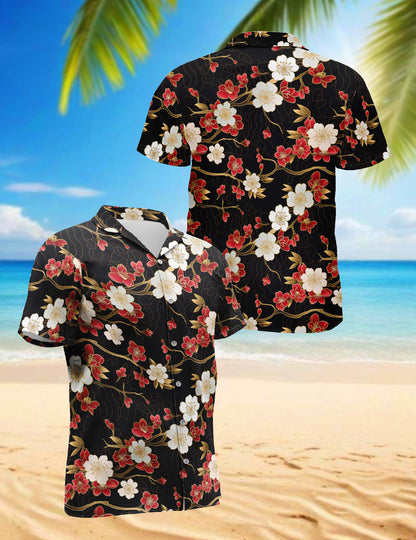 Netecom Retro Cherry Blossom Hawaiian Shirt for Men, Floral Style, Tropical Summer Beach Button Down Short Sleeve Shirts, S-5XL