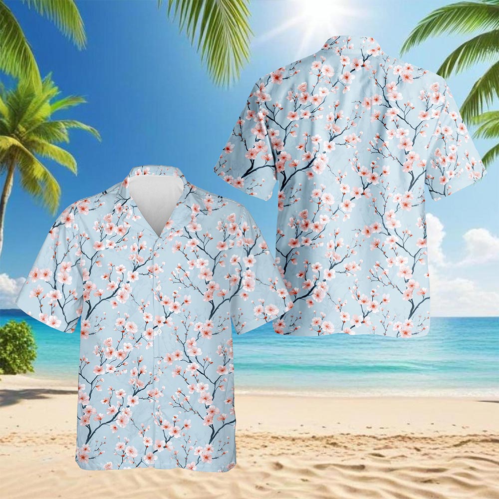 Netecom Retro Cherry Blossom Hawaiian Shirt for Men, Vintage Style, Tropical Summer Beach Button Down Short Sleeve Shirts, S-5XL