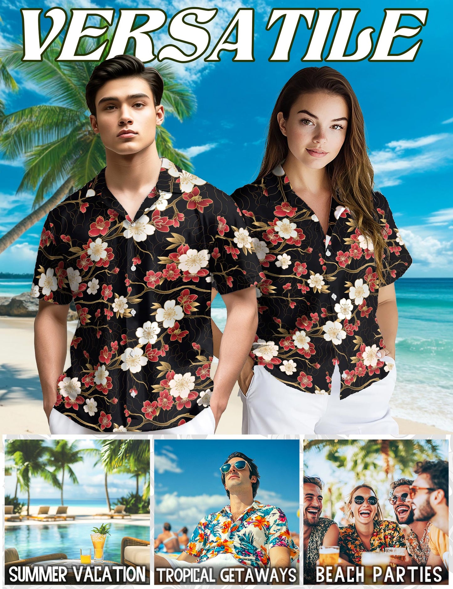Netecom Retro Cherry Blossom Hawaiian Shirt for Men, Floral Style, Tropical Summer Beach Button Down Short Sleeve Shirts, S-5XL