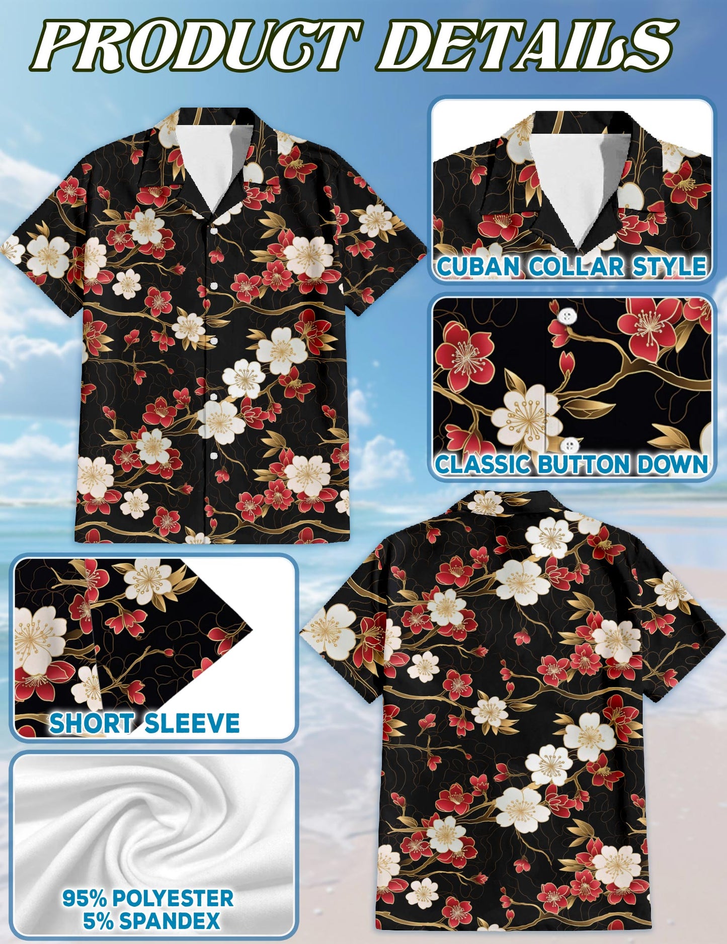 Netecom Retro Cherry Blossom Hawaiian Shirt for Men, Floral Style, Tropical Summer Beach Button Down Short Sleeve Shirts, S-5XL