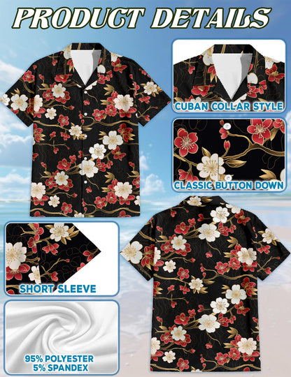 Netecom Retro Cherry Blossom Hawaiian Shirt for Men, Floral Style, Tropical Summer Beach Button Down Short Sleeve Shirts, S-5XL
