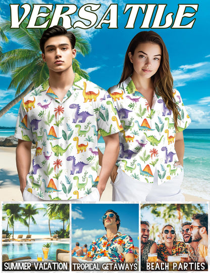 Netecom Retro Dinosaur Hawaiian Shirt for Men, Tropical Style, Button Down Summer Beach Short Sleeve, S-5XL