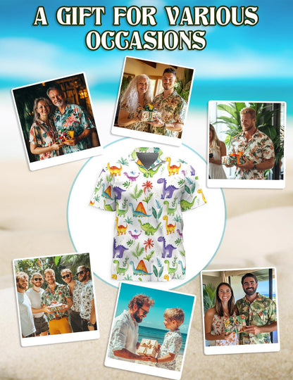Netecom Retro Dinosaur Hawaiian Shirt for Men, Tropical Style, Button Down Summer Beach Short Sleeve, S-5XL
