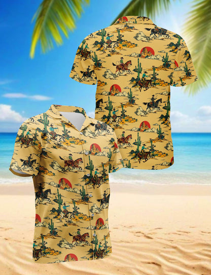 Netecom Retro Horse Cowboy Hawaiian Shirt for Men, Western Country Riding Button Down Summer Beach Short Sleeve Shirts, S-5XL