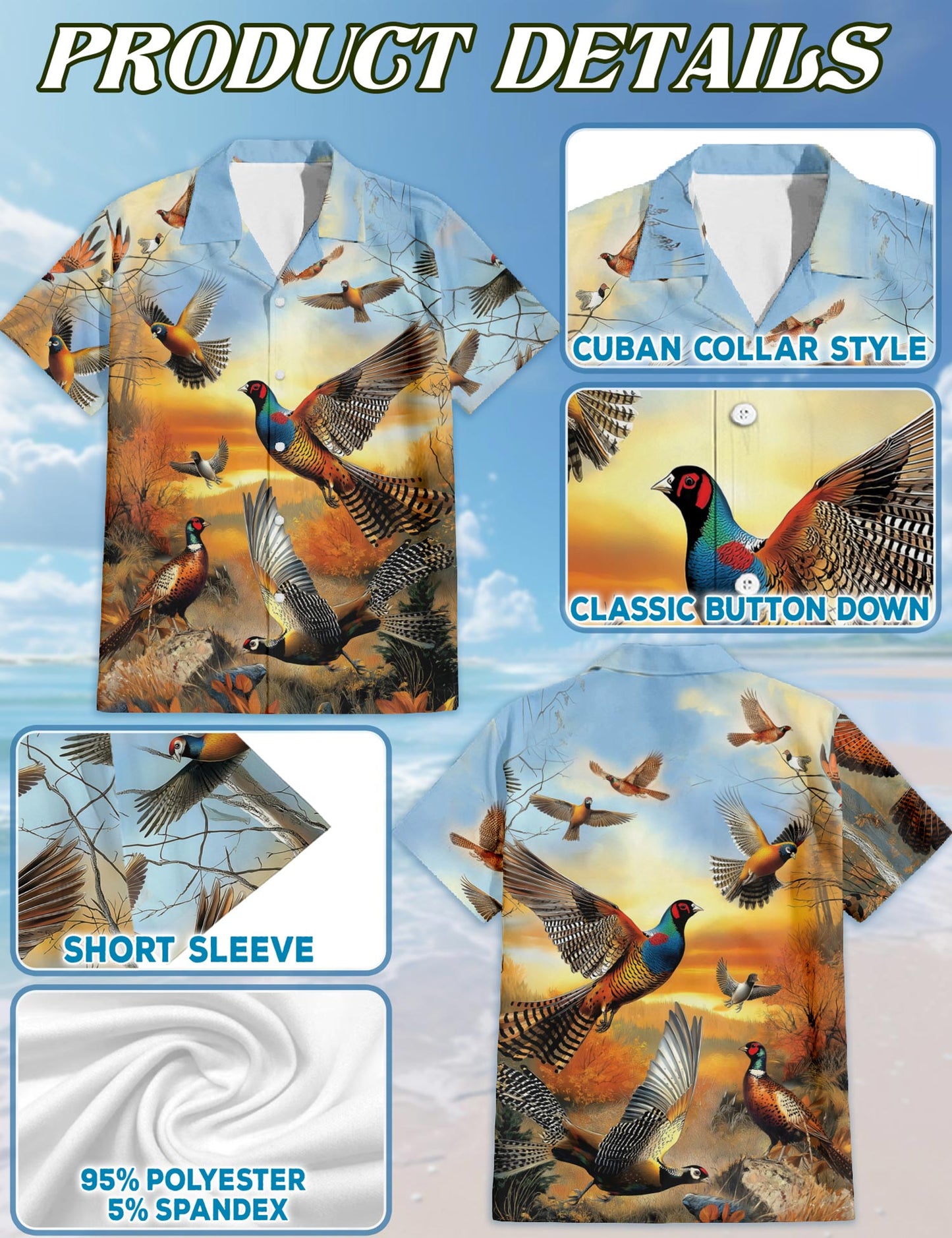Netecom Retro Pheasant Hawaiian Shirt for Men, Bird Lover Gifts, Animal Button Down Summer Beach Short Sleeve Shirts, S-5XL