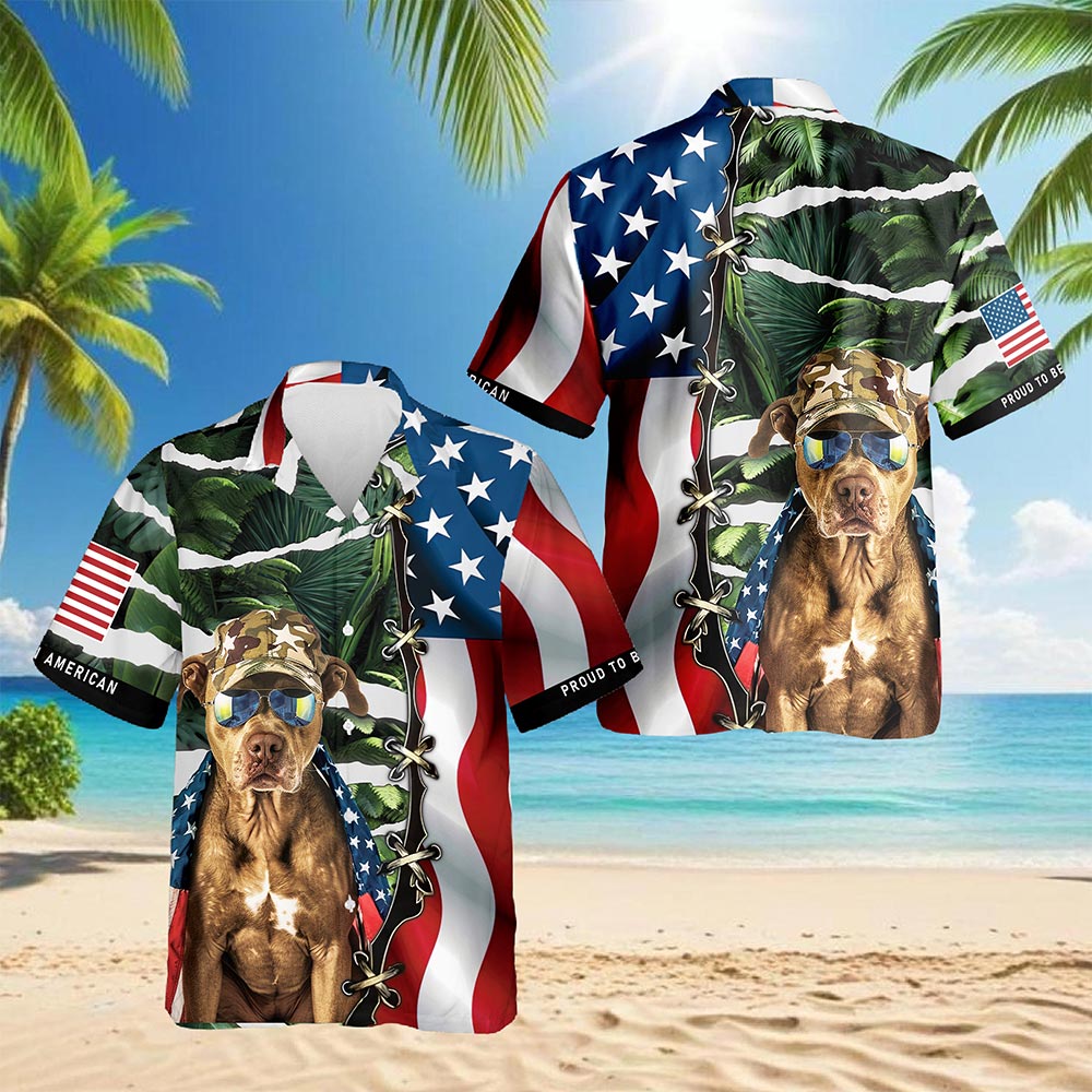 Netecom Retro Pitbull 4th of July Hawaiian Shirt for Men, Independence Day American Flag Button Down Summer Beach Shirt, S-5XL
