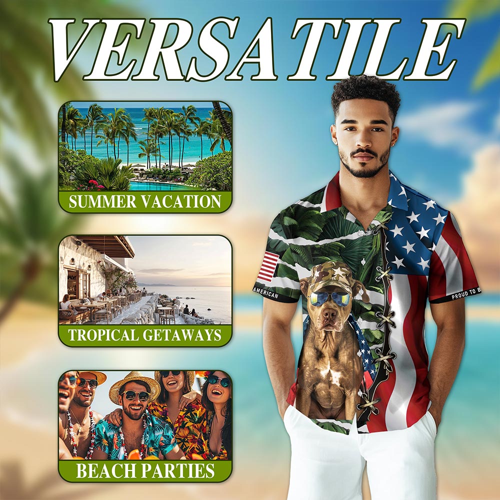 Netecom Retro Pitbull 4th of July Hawaiian Shirt for Men, Independence Day American Flag Button Down Summer Beach Shirt, S-5XL
