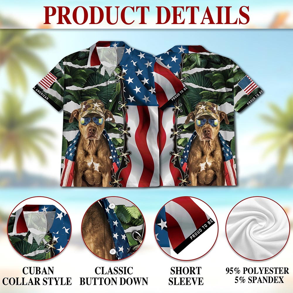 Netecom Retro Pitbull 4th of July Hawaiian Shirt for Men, Independence Day American Flag Button Down Summer Beach Shirt, S-5XL
