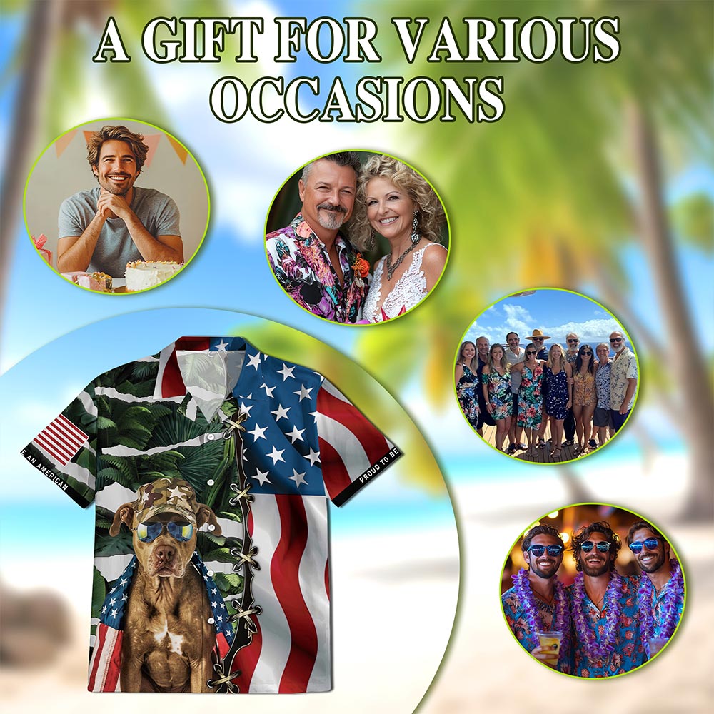 Netecom Retro Pitbull 4th of July Hawaiian Shirt for Men, Independence Day American Flag Button Down Summer Beach Shirt, S-5XL