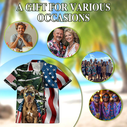 Netecom Retro Pitbull 4th of July Hawaiian Shirt for Men, Independence Day American Flag Button Down Summer Beach Shirt, S-5XL