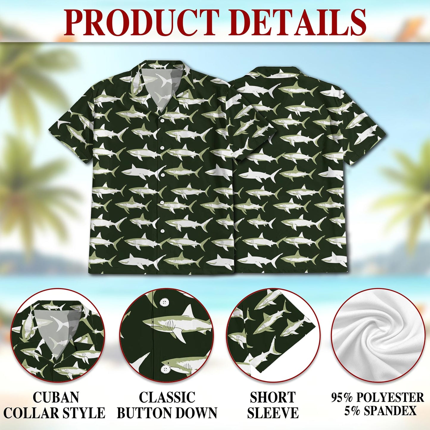 Netecom Retro Shark Hawaiian Shirt for Men, Vintage Style, Button Down Summer Beach Short Sleeve, S-5XL