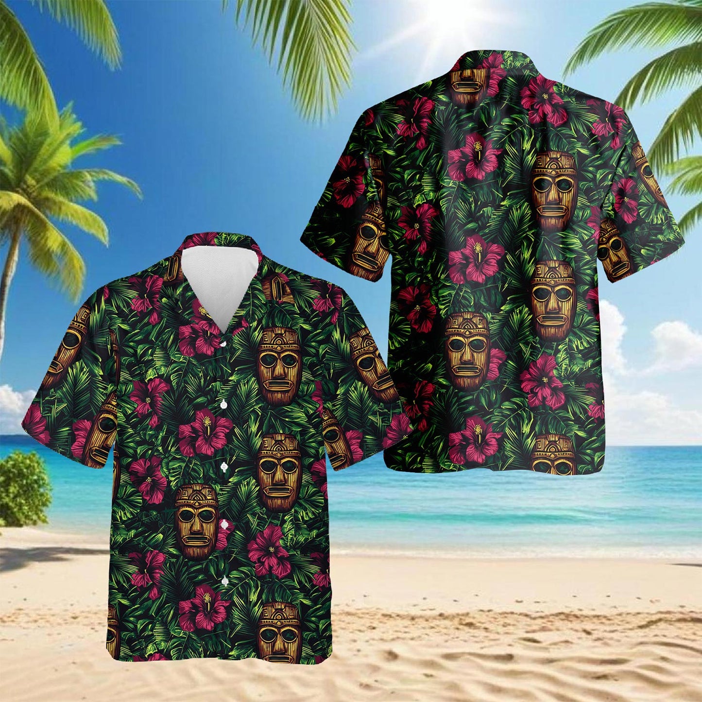 Netecom Retro Tiki Mask Hawaiian Shirt for Men, Button Down Summer Beach Short Sleeve, Tropical Style, Sizes S-5XL