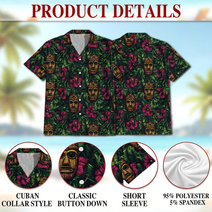 Netecom Retro Tiki Mask Hawaiian Shirt for Men, Button Down Summer Beach Short Sleeve, Tropical Style, Sizes S-5XL