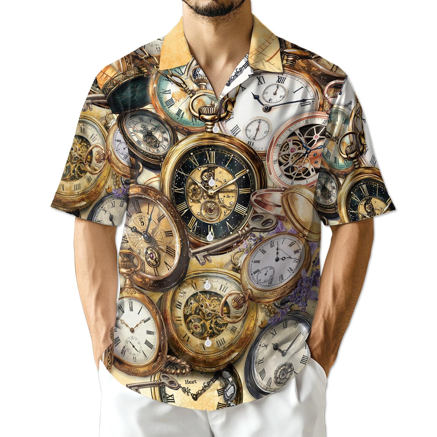 Netecom Retro Vintage Pocket Watch Hawaiian Shirt for Men, Watch Lover Gifts, Button Down Summer Beach Short Sleeve, S-5XL