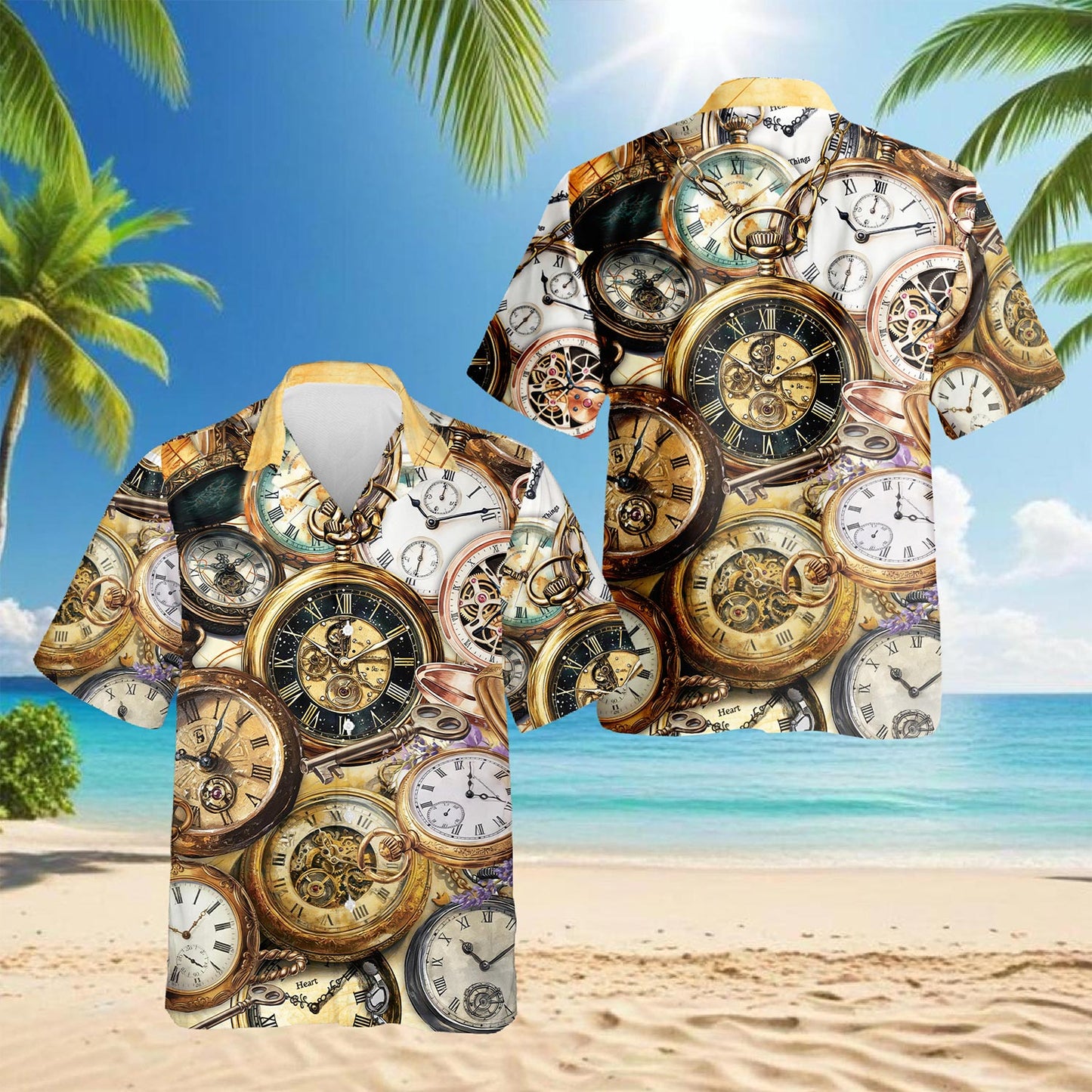 Netecom Retro Vintage Pocket Watch Hawaiian Shirt for Men, Watch Lover Gifts, Button Down Summer Beach Short Sleeve, S-5XL