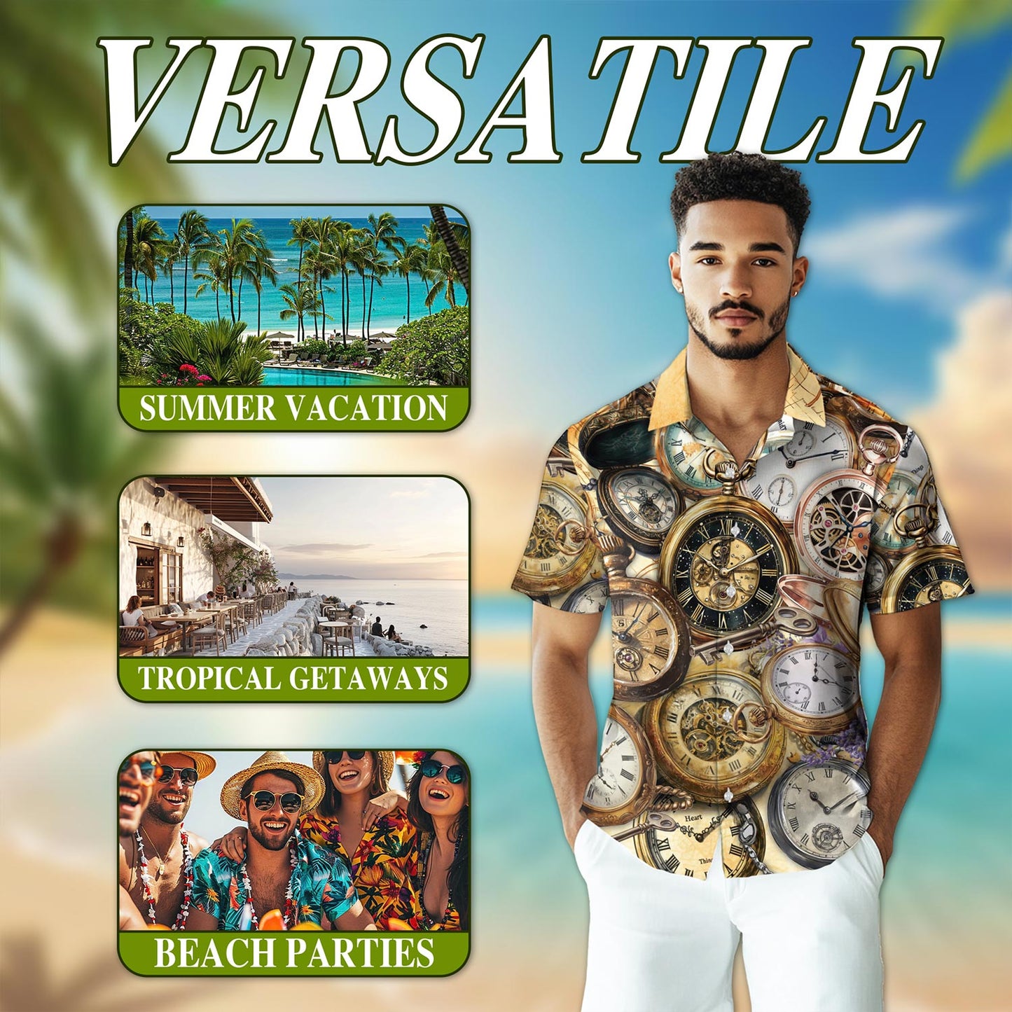 Netecom Retro Vintage Pocket Watch Hawaiian Shirt for Men, Watch Lover Gifts, Button Down Summer Beach Short Sleeve, S-5XL