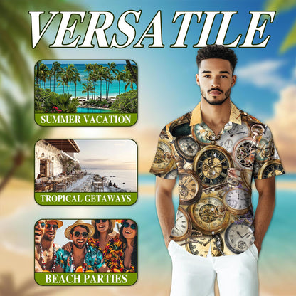 Netecom Retro Vintage Pocket Watch Hawaiian Shirt for Men, Watch Lover Gifts, Button Down Summer Beach Short Sleeve, S-5XL