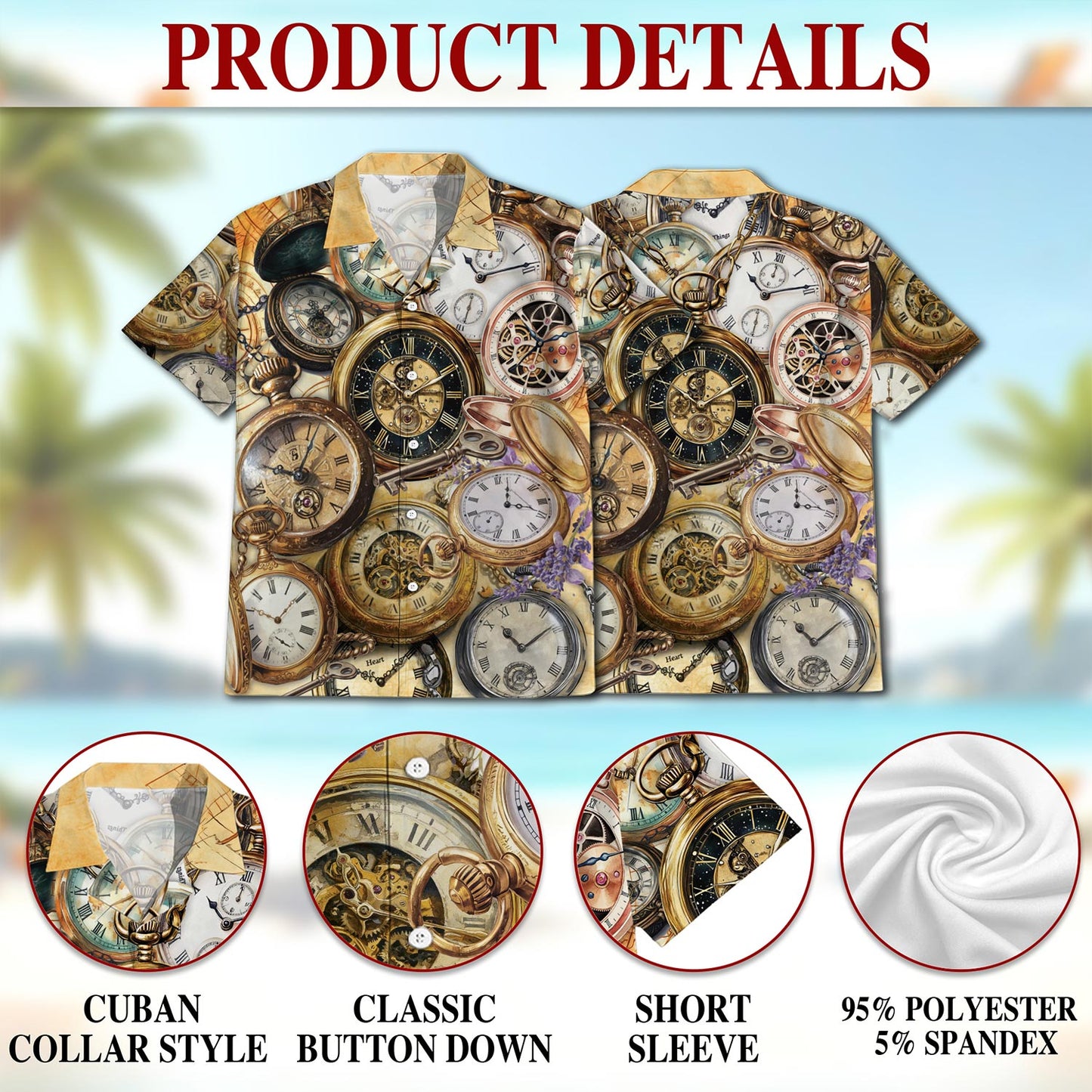 Netecom Retro Vintage Pocket Watch Hawaiian Shirt for Men, Watch Lover Gifts, Button Down Summer Beach Short Sleeve, S-5XL