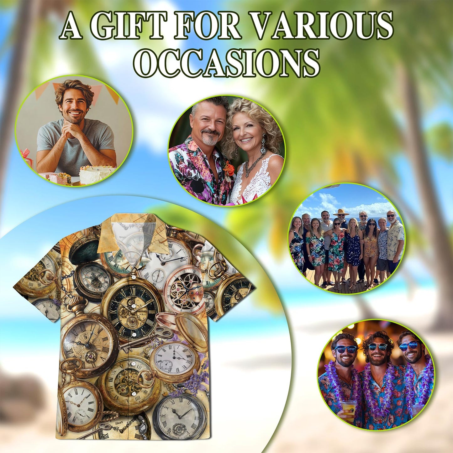 Netecom Retro Vintage Pocket Watch Hawaiian Shirt for Men, Watch Lover Gifts, Button Down Summer Beach Short Sleeve, S-5XL