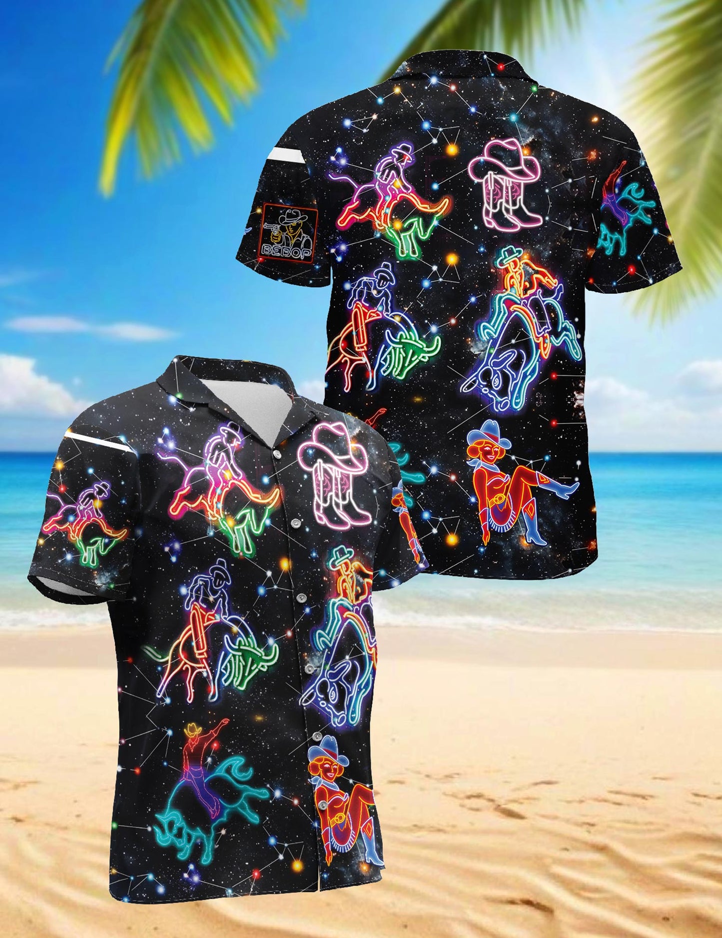 Netecom Riding Cow Neon Love Hawaiian Shirt for Men, Retro Style, Button Down Summer Beach Short Sleeve, S-5XL
