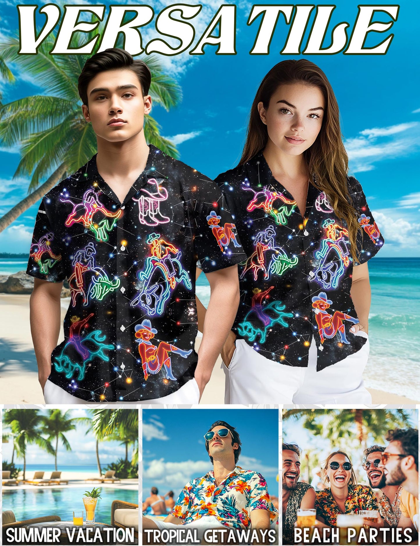 Netecom Riding Cow Neon Love Hawaiian Shirt for Men, Retro Style, Button Down Summer Beach Short Sleeve, S-5XL