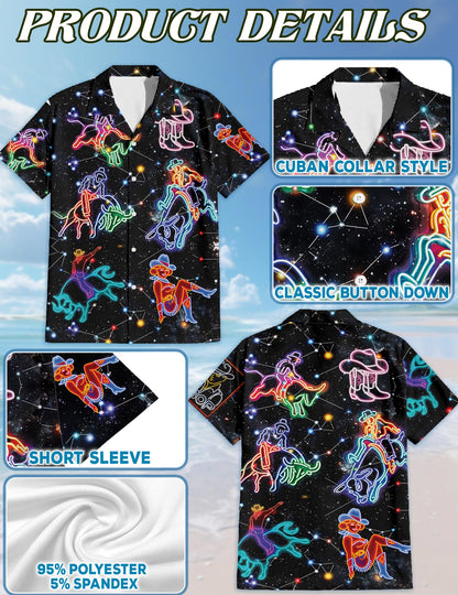 Netecom Riding Cow Neon Love Hawaiian Shirt for Men, Retro Style, Button Down Summer Beach Short Sleeve, S-5XL