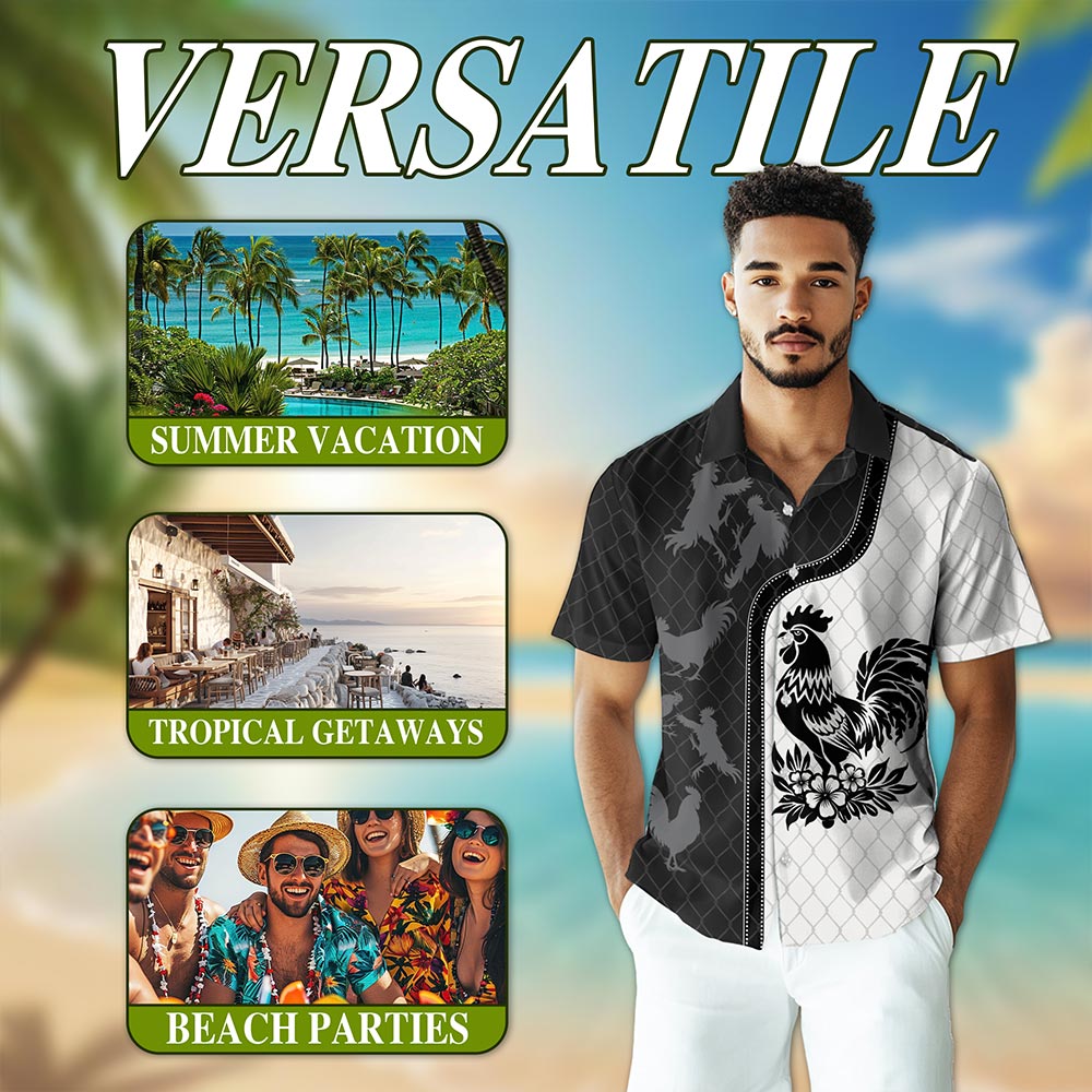 Netecom Rooster Hawaiian Shirt for Men, Retro Style, Button Down Summer Beach Short Sleeve, S-5XL