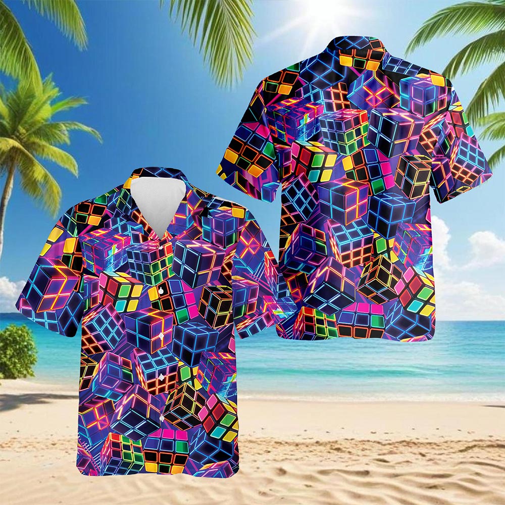 Netecom Rubik Cube Hawaiian Shirt for Men, Colorful Puzzle Gamer Style, Button Down Summer Beach Short Sleeve, S-5XL