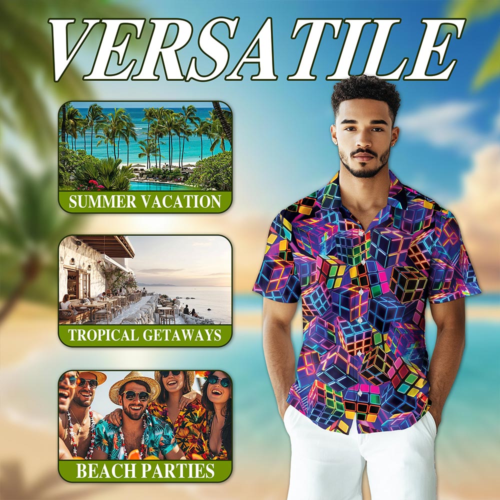 Netecom Rubik Cube Hawaiian Shirt for Men, Colorful Puzzle Gamer Style, Button Down Summer Beach Short Sleeve, S-5XL