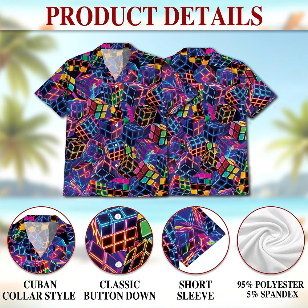 Netecom Rubik Cube Hawaiian Shirt for Men, Colorful Puzzle Gamer Style, Button Down Summer Beach Short Sleeve, S-5XL