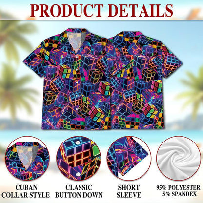 Netecom Rubik Cube Hawaiian Shirt for Men, Colorful Puzzle Gamer Style, Button Down Summer Beach Short Sleeve, S-5XL