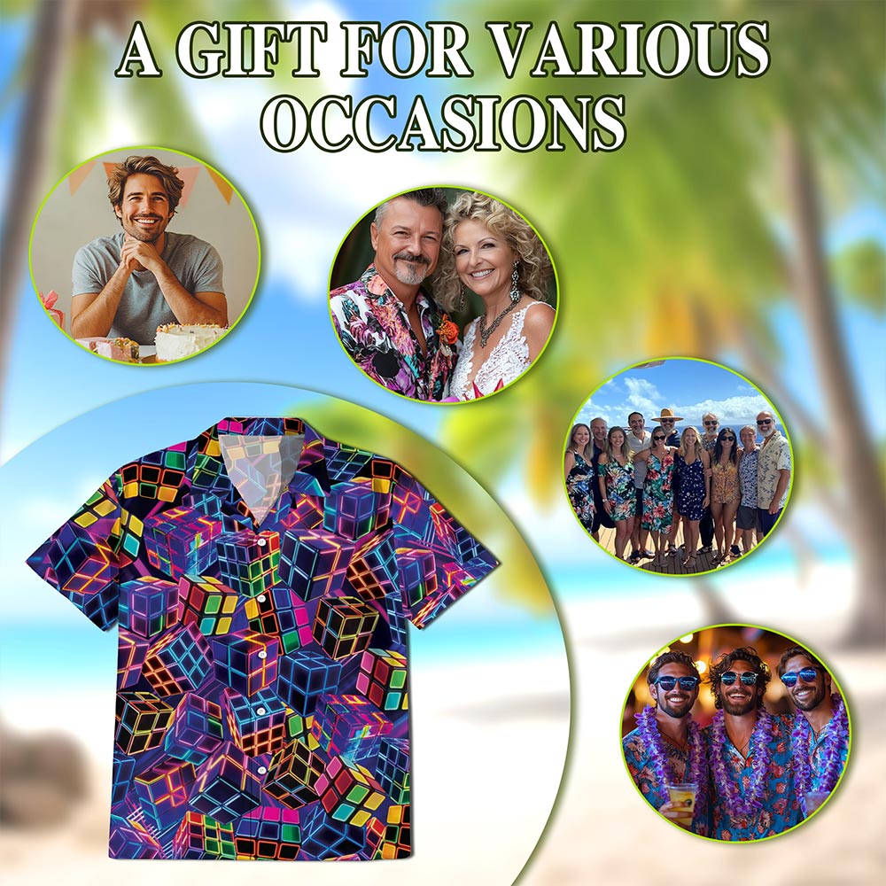 Netecom Rubik Cube Hawaiian Shirt for Men, Colorful Puzzle Gamer Style, Button Down Summer Beach Short Sleeve, S-5XL
