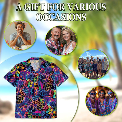 Netecom Rubik Cube Hawaiian Shirt for Men, Colorful Puzzle Gamer Style, Button Down Summer Beach Short Sleeve, S-5XL