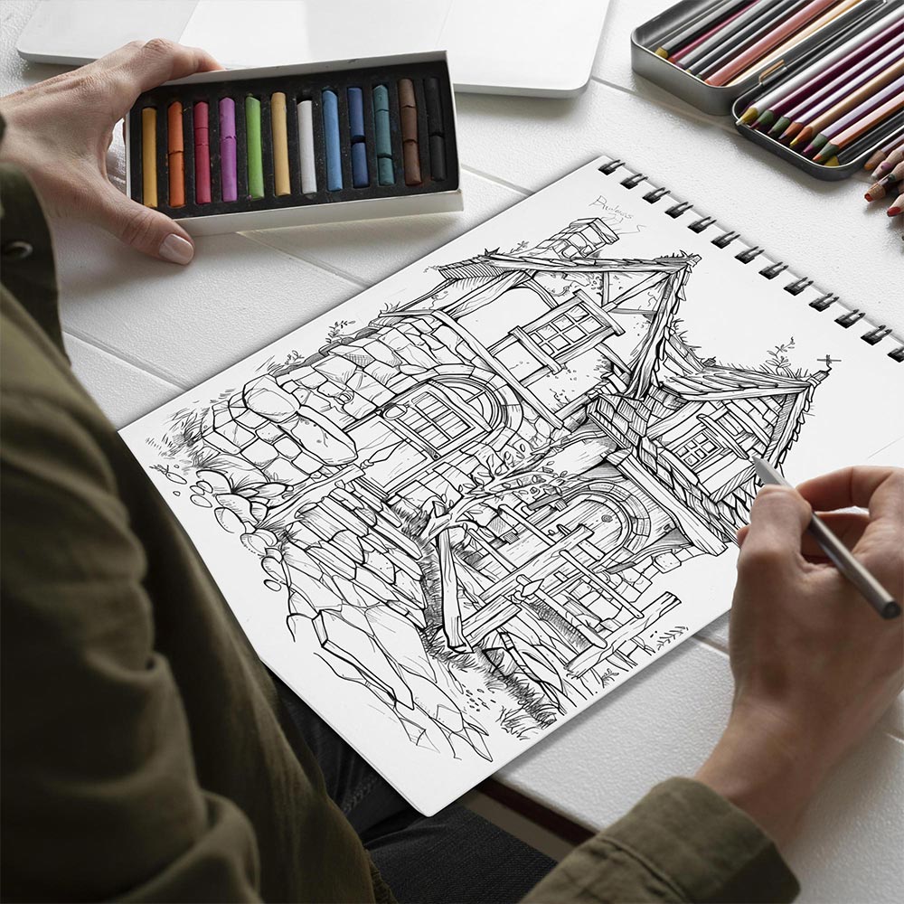 Netecom Rustic Architecture Spiral Bound Coloring Book for Adults