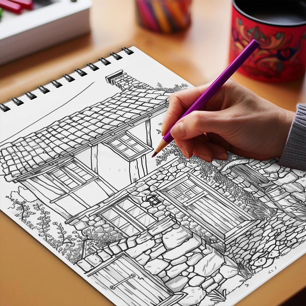 Netecom Rustic Architecture Coloring Book Spiral Bound for Adults
