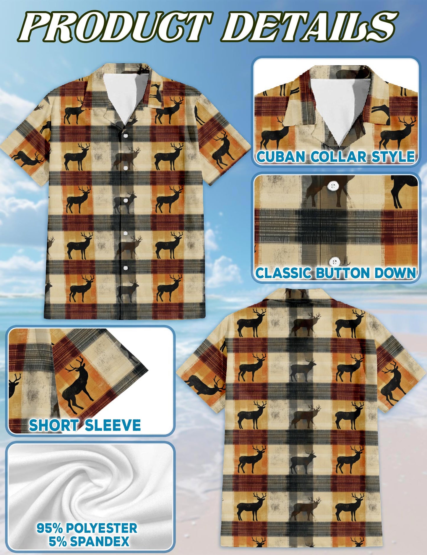 Netecom Rustic Deer Hawaiian Shirt for Men, Vintage Style, Button Down Summer Beach Short Sleeve, S-5XL
