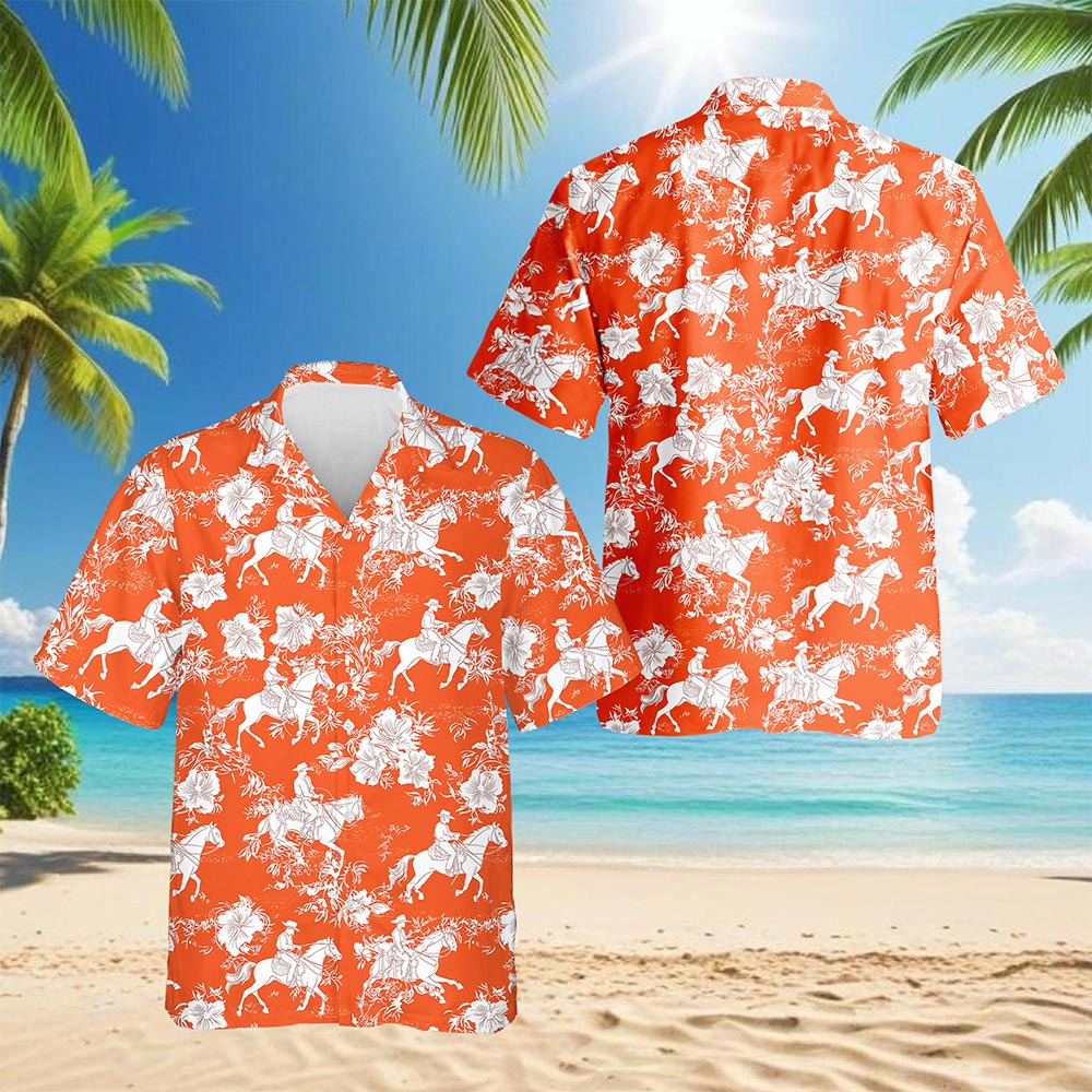 Netecom Saddle Bronc Riding Orange Occasion Hawaiian Shirt for Men, Button Down Summer Beach Short Sleeve, Tropical Style, S-5XL